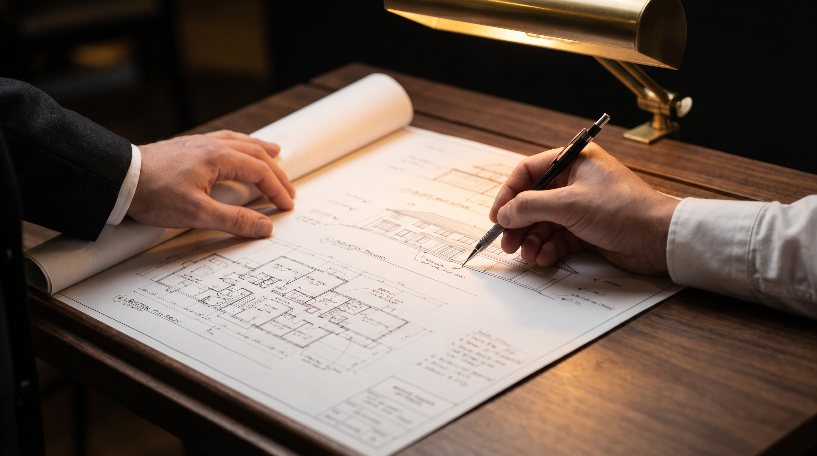 Hands reviewing architectural blueprints under a brass task lamp